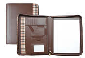 brown bonded leather zippered padholder with plaid fabric trim