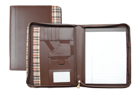 brown bonded leather portfolio with plaid fabric trim